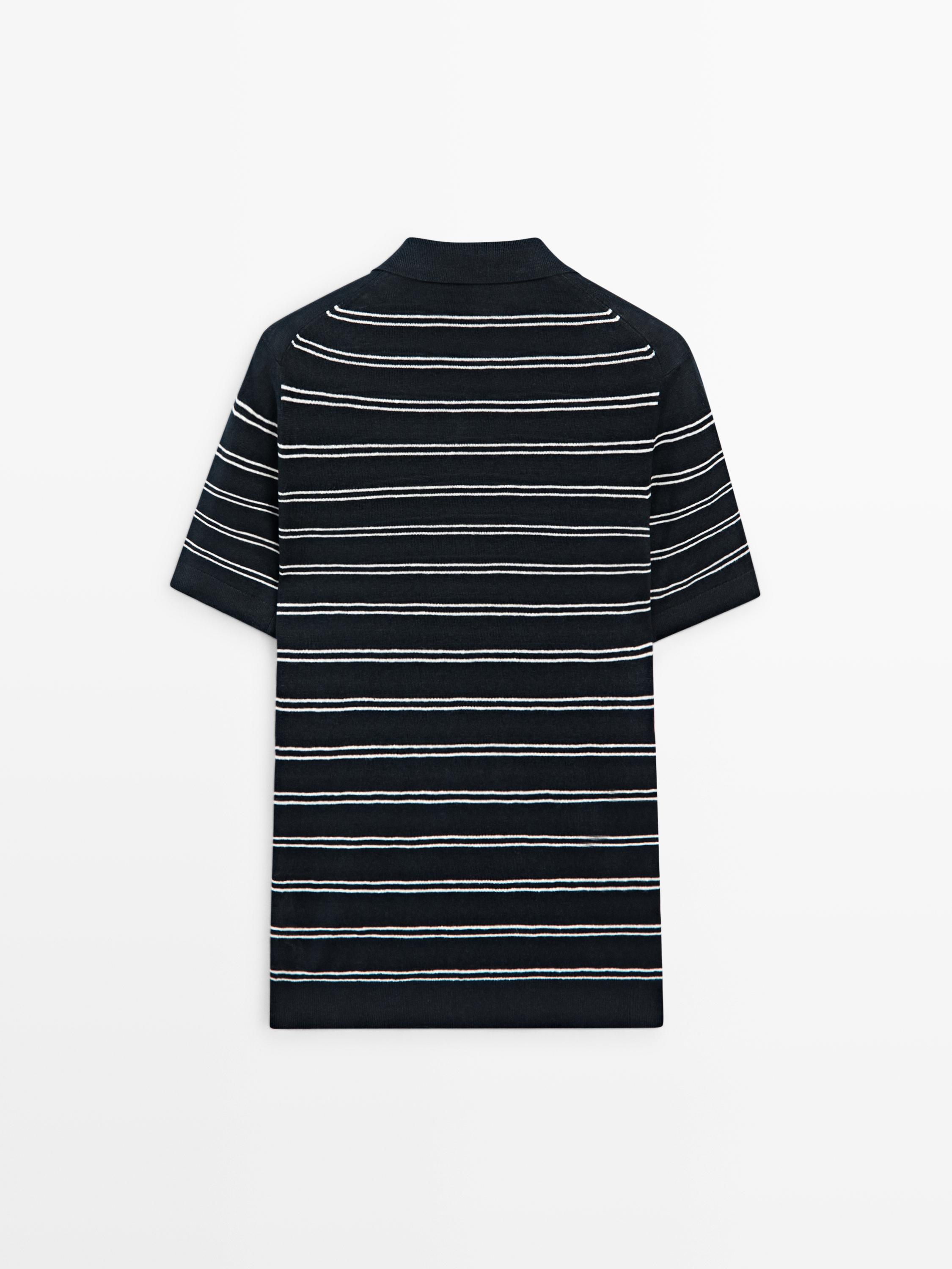 Striped 100% linen V-neck polo shirt